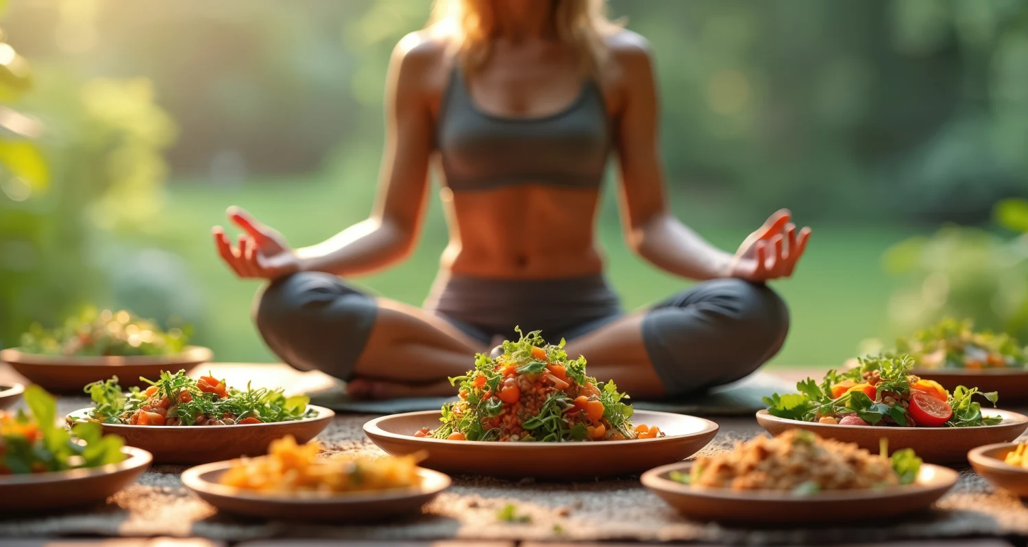 Individual practicing mindful eating to reduce stress-related acidity and improve digestion