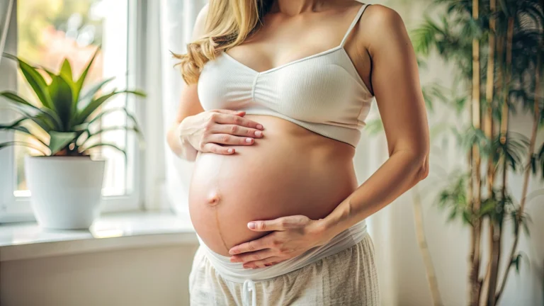 Pregnant woman experiencing abdominal discomfort from hernia