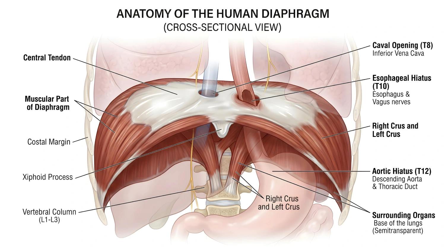 Detailed cross‑sectional illustration of the human diaphragm