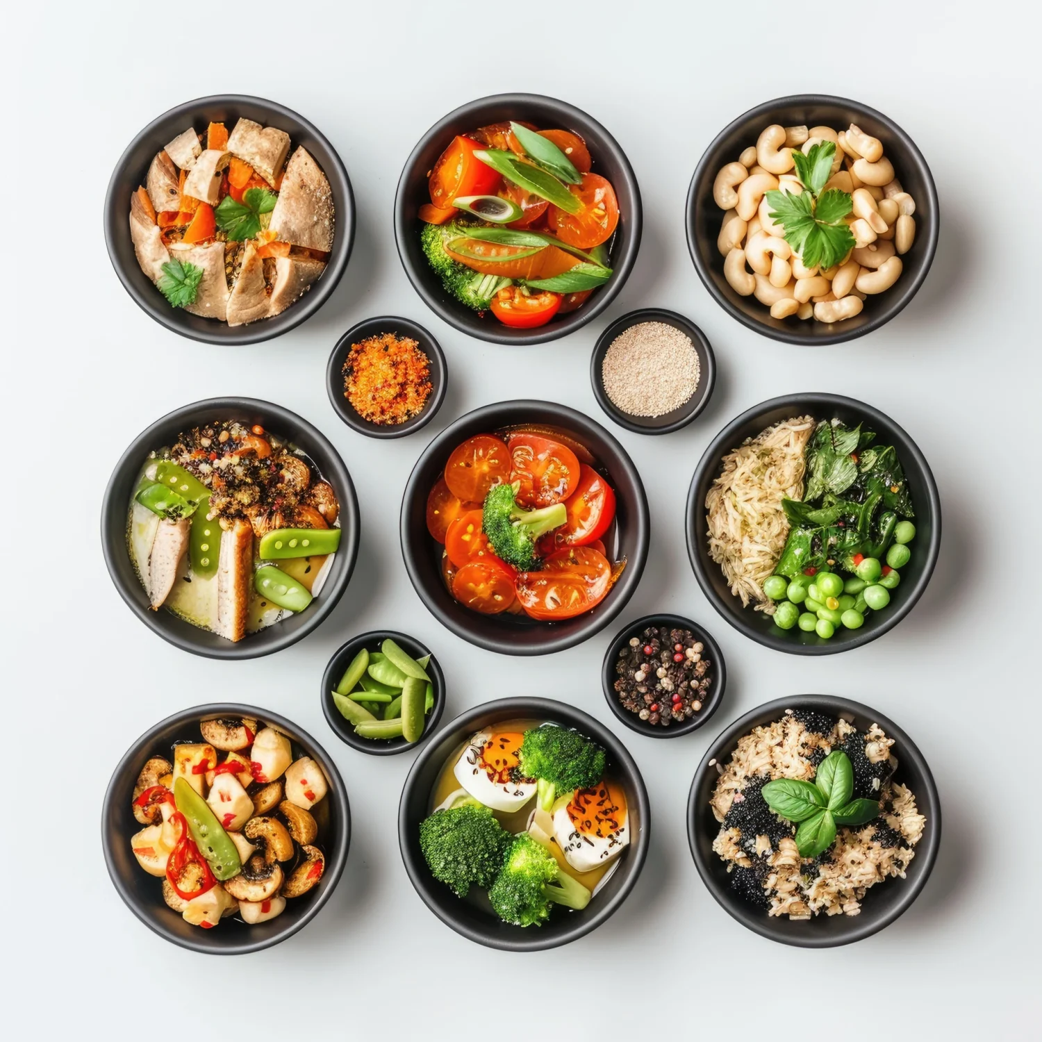 Assorted-small-bowls-of-diverse-healthy-food-dishes